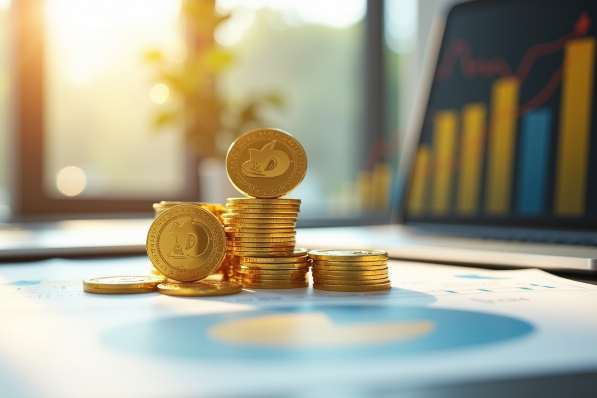 Pièces Dogecoin empilées sur des graphiques financiers