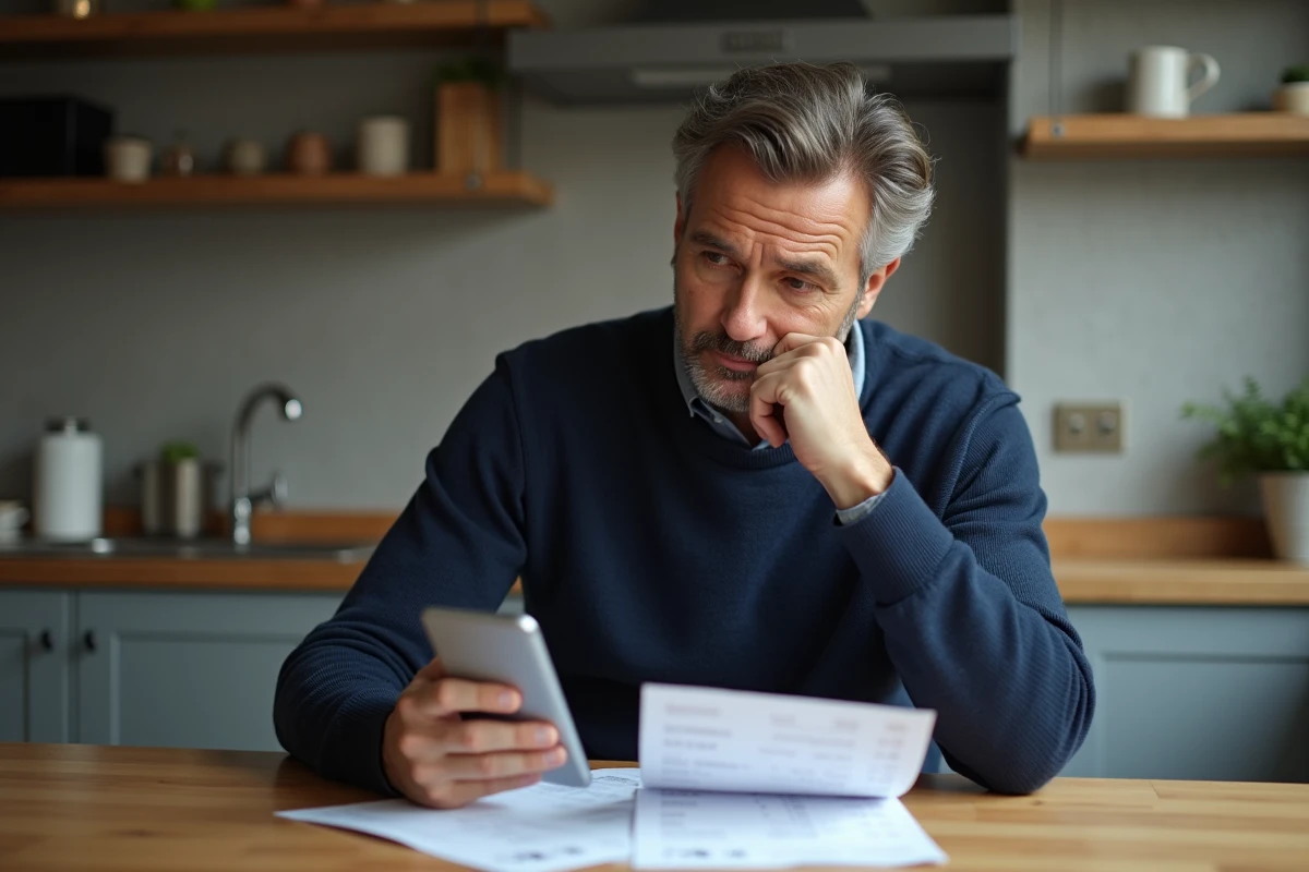Homme analysant ses plafonds de retrait hebdomadaires Banque Postale sur relevé bancaire et application mobile à domicile