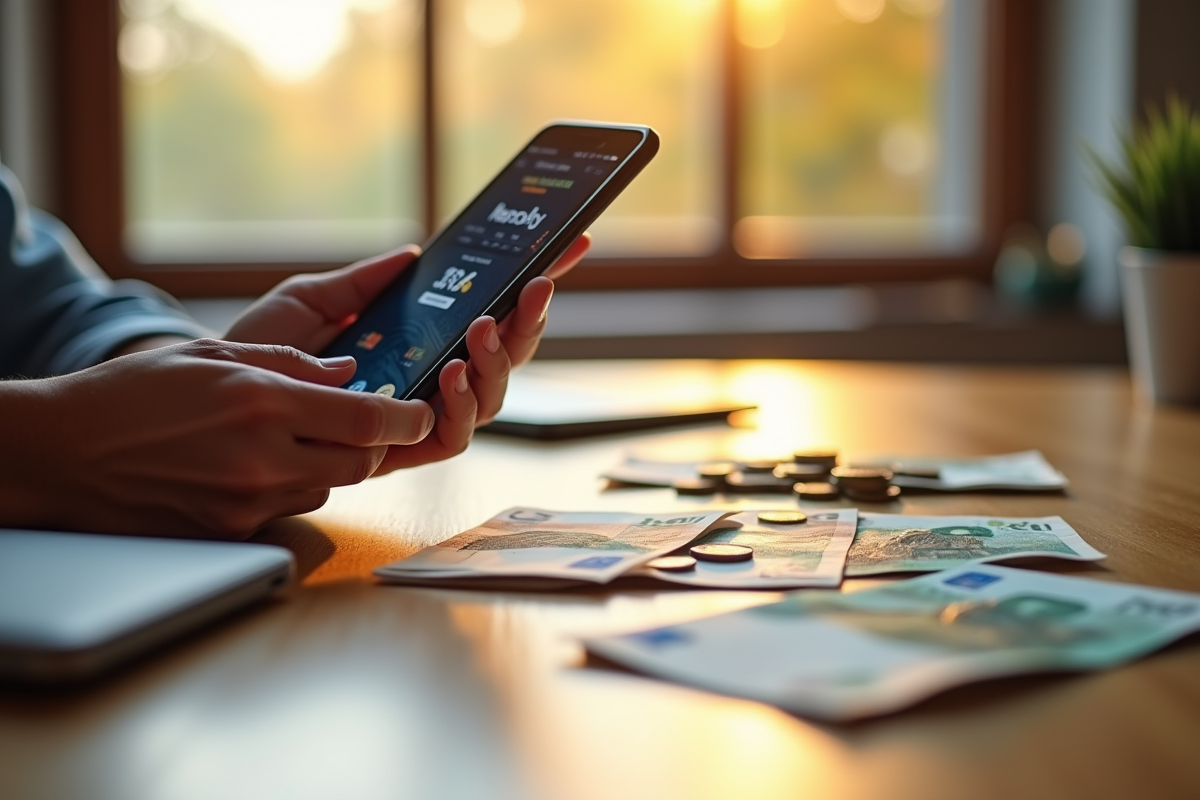 Mains tenant un smartphone avec une application crypto et des euros