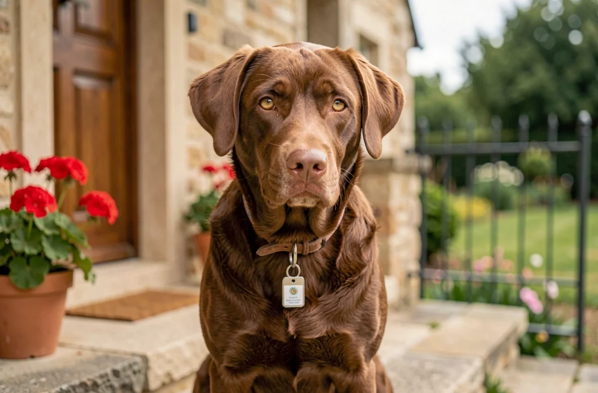 Portrait d'un labrador avec une médaille d'identification sur son collier devant une maison française