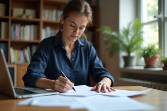 Femme préparant un dossier administratif à son bureau à domicile avant un rendez-vous au SGC Mérignac