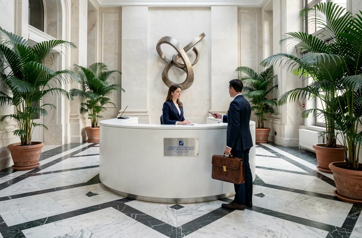 Hall d'accueil d'envergure d'une grande société de gestion de patrimoine Primonial à Paris avec parquet en marbre et accueil professionnel