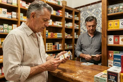 Un homme d'âge mûr examine un paquet de cigarettes dans un bureau de tabac espagnol traditionnel, illustrant les changements de prix du tabac en Espagne