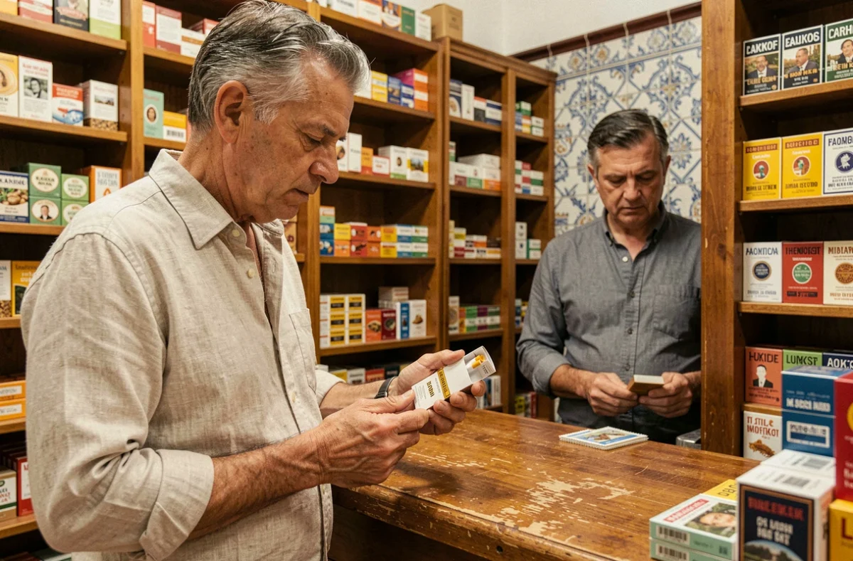 Un homme d'âge mûr examine un paquet de cigarettes dans un bureau de tabac espagnol traditionnel, illustrant les changements de prix du tabac en Espagne