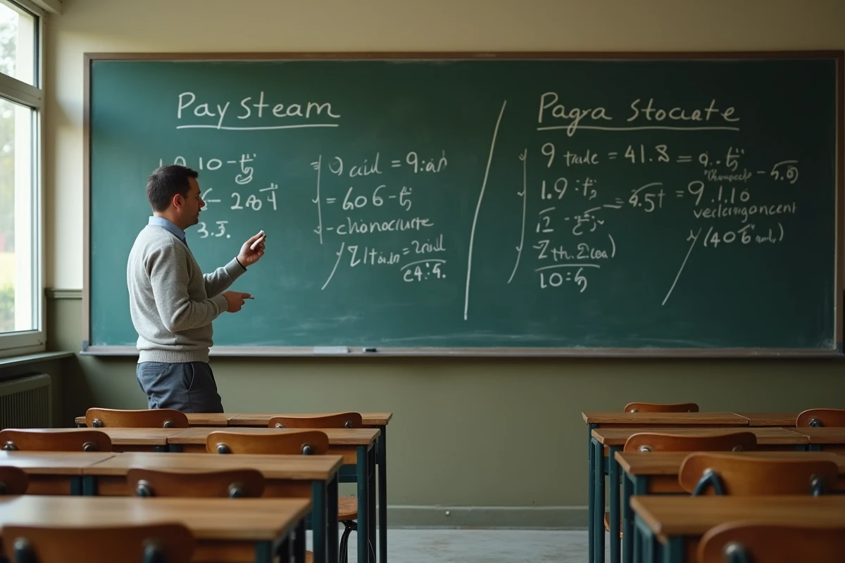 Professeur expliquant devant un tableau noir le calcul de la grille salariale des enseignants de l'Éducation nationale