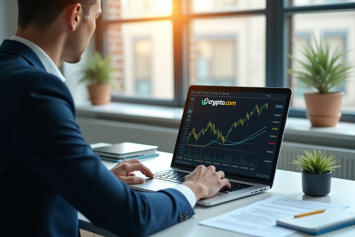 Professionnel au bureau examinant un écran crypto com