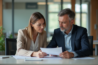 Homme et femme d'affaires concentrés lors d'une réunion au bureau