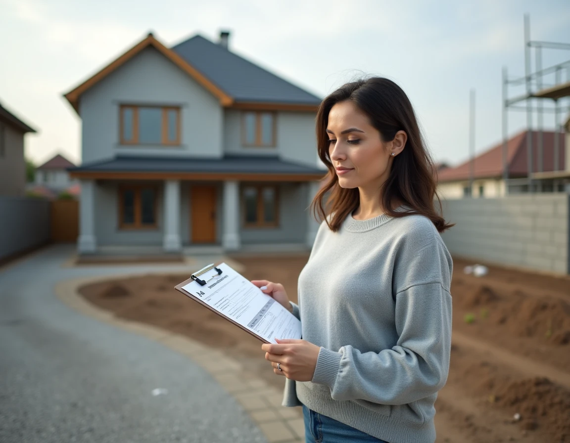 Femme propriétaire tenant des documents fiscaux H1 devant sa maison individuelle en construction, démarches administratives pour déclaration de logement neuf