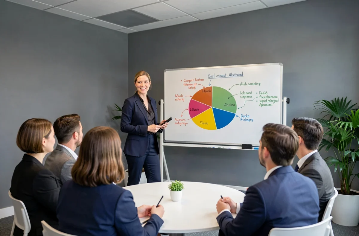 Conseillère de Prosper Conseil présentant un graphique d'allocation d'actifs à des clients dans une salle de réunion parisienne moderne