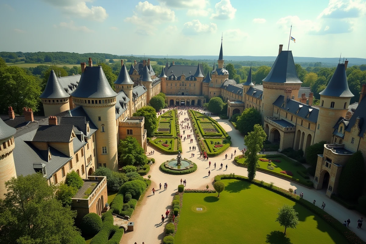 Vue panoramique du Puy du Fou, parc historique vendéen emblématique fondé par Philippe de Villiers