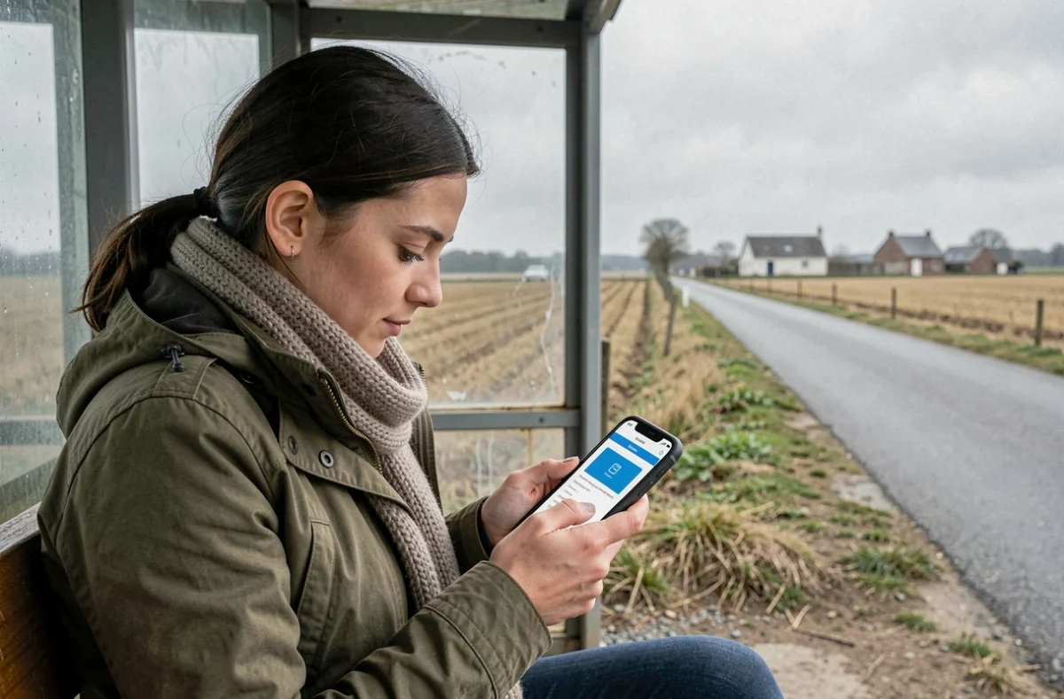 Une jeune femme en zone rurale isolée recherchant un distributeur d'argent ou une alternative de retrait en espèces via une application bancaire sur son smartphone