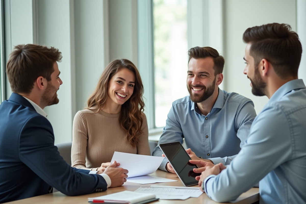 Jeune couple souriant rencontrant un conseiller financier dans un bureau moderne
