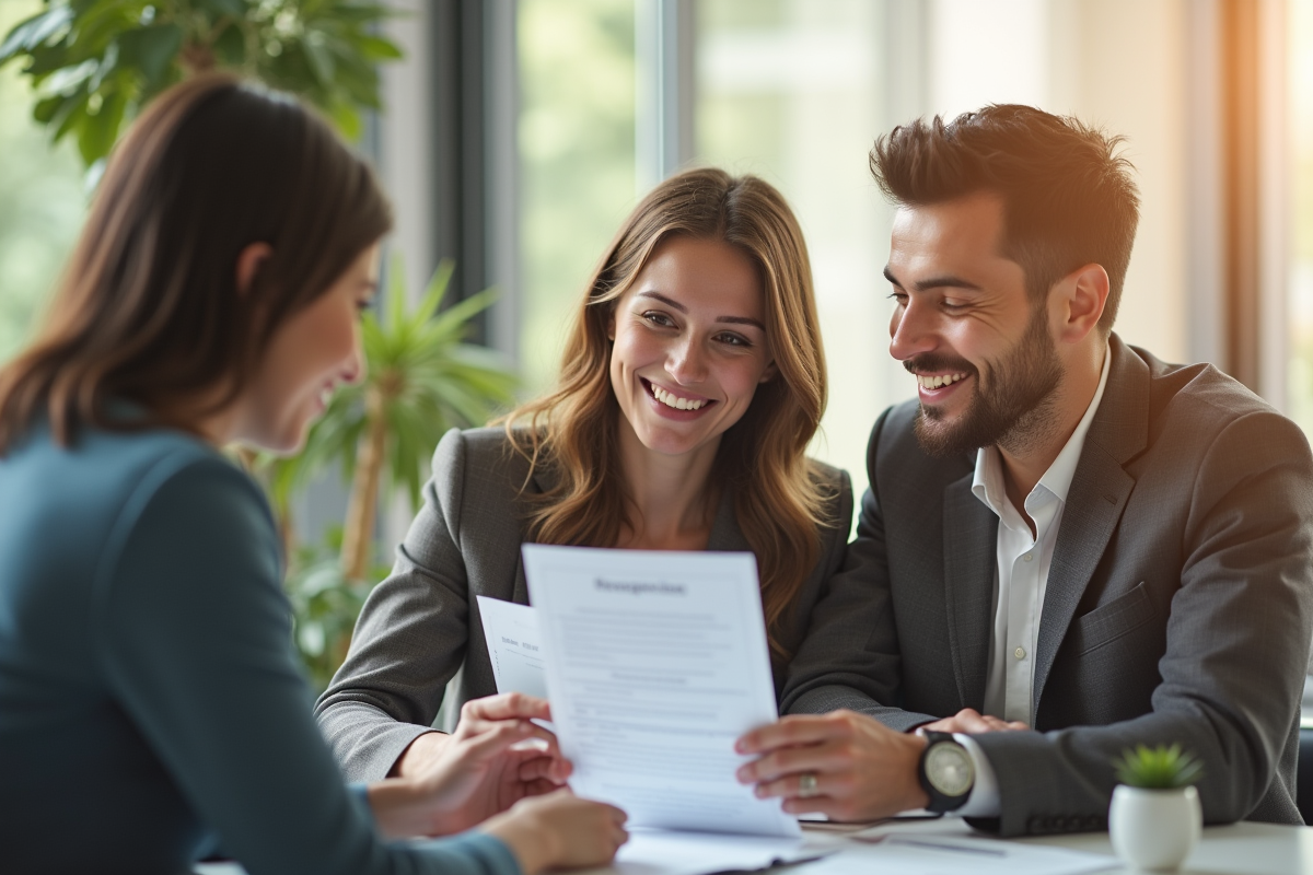 Jeune couple rencontrant un conseiller financier dans un bureau lumineux