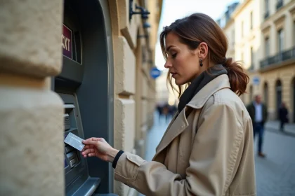 Femme utilisant un distributeur automatique de billets Banque Postale en milieu urbain pour un retrait avec plafond journalier