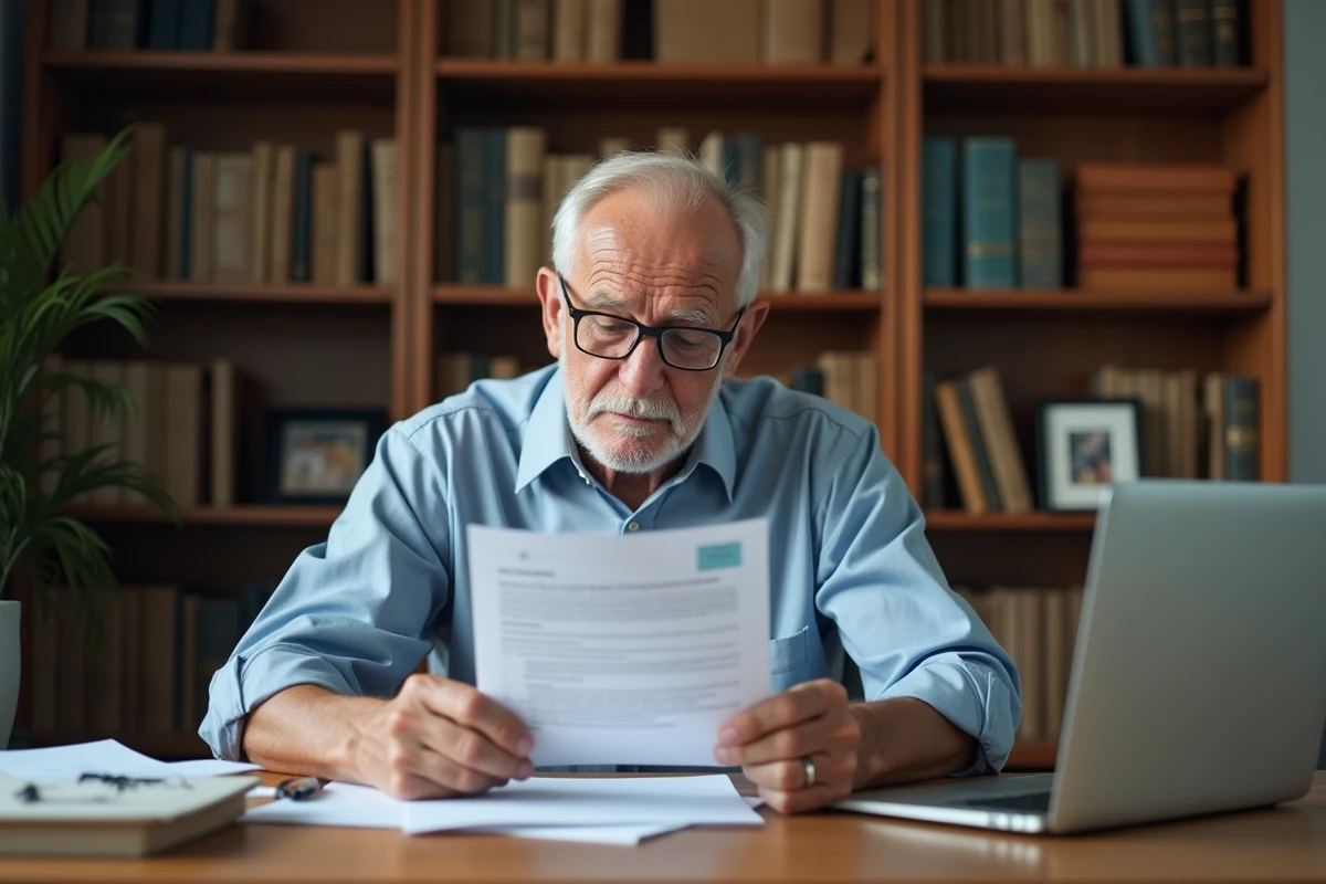 Retraité lisant attentivement un courrier officiel concernant la prime pouvoir d'achat 2026 dans son bureau à domicile