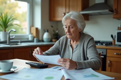 Retraitée examinant ses factures et relevés bancaires à la table de cuisine, illustrant les préoccupations liées au pouvoir d'achat des retraités en 2026