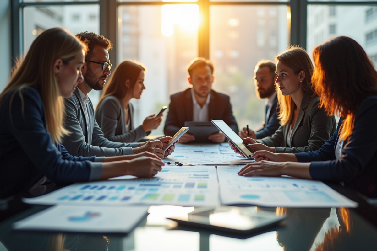 Réunion d'affaires avec une équipe diversifiée analysant des graphiques