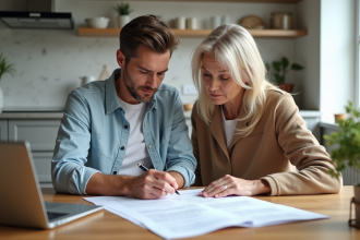 Femme d'âge moyen et son fils examinent des documents d'héritage à la maison