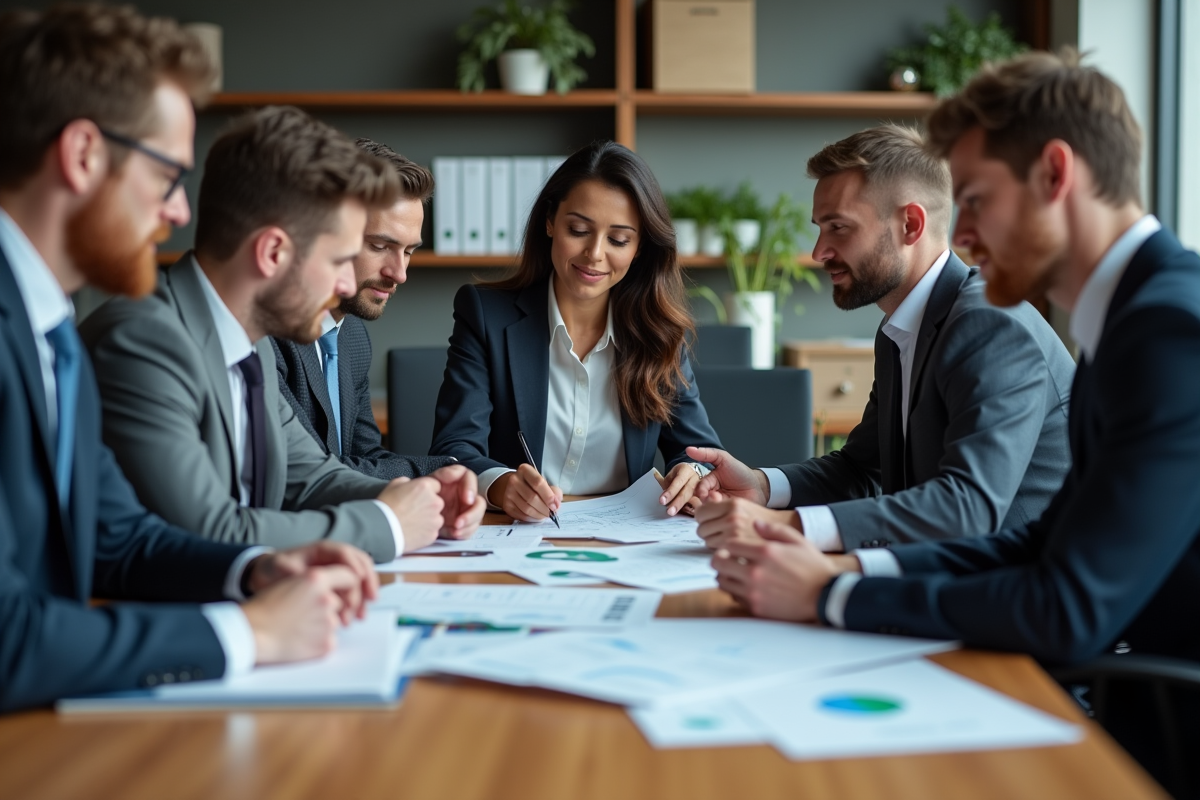 Groupe de professionnels en réunion d'affaires avec documents financiers