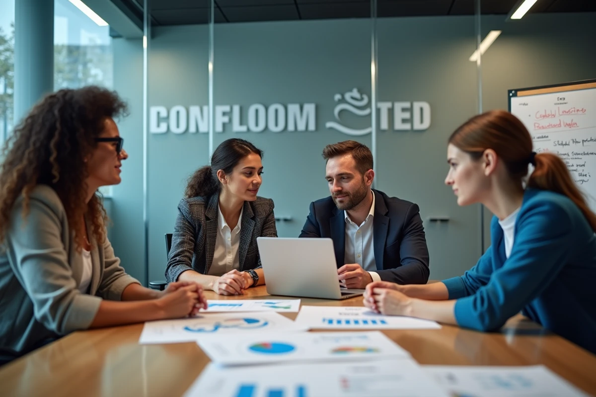 Groupe de collègues salariés réunis autour d'une table de réunion pour discuter d'un plan d'attribution d'actions gratuites en entreprise, documents financiers et infographies étalés devant eux