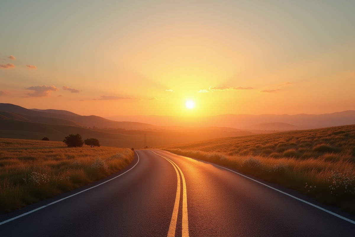 Route sinueuse au lever du soleil dans la campagne