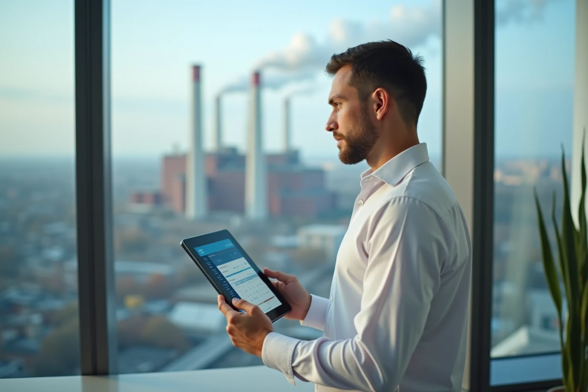 Salarié masculin consultant son portefeuille d'actions gratuites sur une tablette, avec en arrière-plan un paysage industriel urbain symbolisant le secteur gazier et énergétique