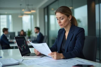 Salariée d'entreprise consultant des documents financiers et graphiques boursiers sur son bureau en open space, illustrant le plan d'actionnariat salarié d'Air Liquide