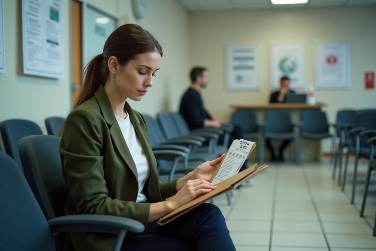 Femme dans une salle d'attente d'un service administratif tenant un dossier préparé et un ticket numéroté