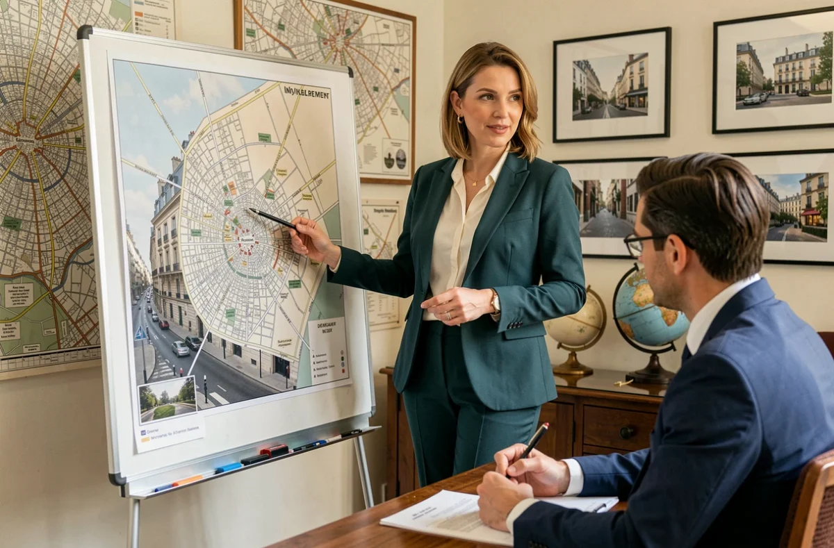 Conseillère de Selexium Paris montrant une carte d'investissement immobilier parisien à un client assis dans un bureau spécialisé