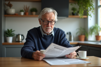 Homme senior détendu lisant le journal à la maison