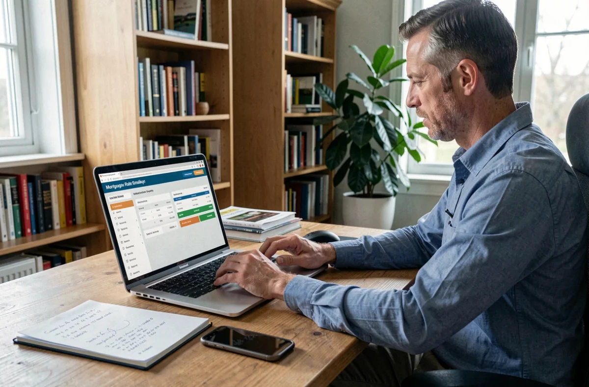 Homme utilisant un simulateur de taux bancaire en ligne sur ordinateur portable à domicile
