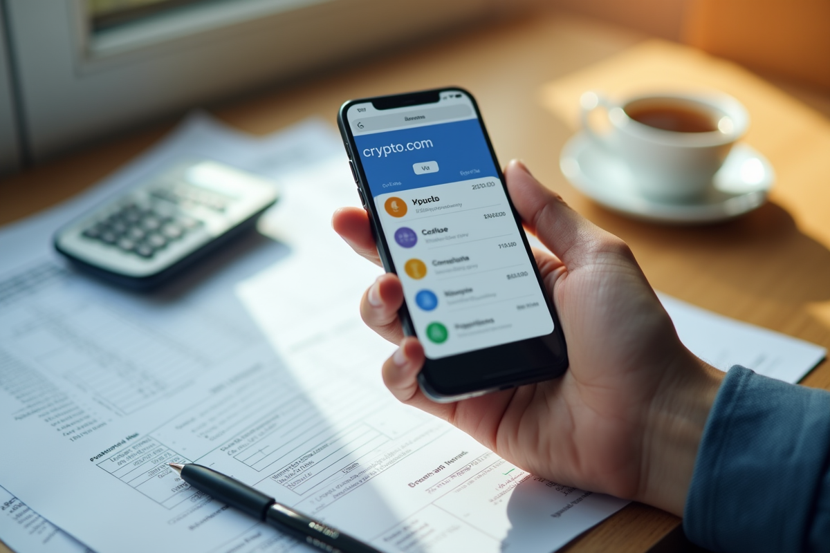Smartphone avec application crypto com sur un bureau organisé