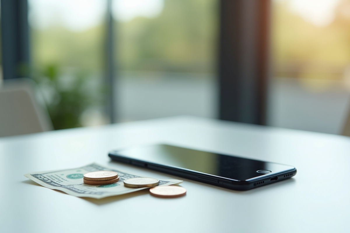 Smartphone avec billet de cinq dollars et pièces sur table blanche