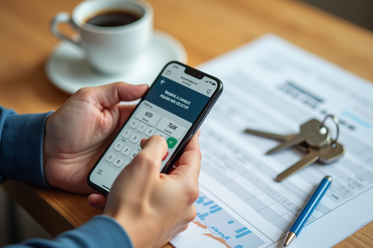 Main tenant un smartphone avec calculateur de prêt immobilier
