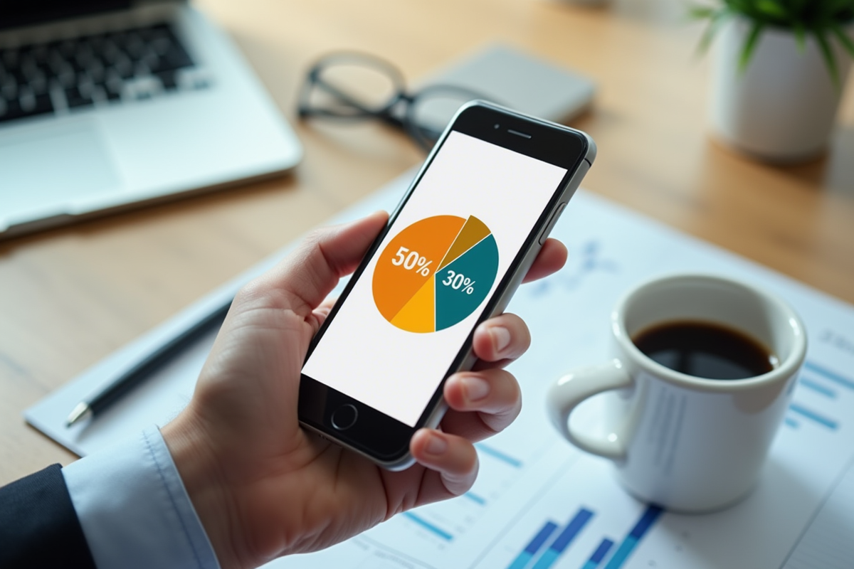 Main tenant un smartphone avec un graphique en secteurs pour la gestion financière