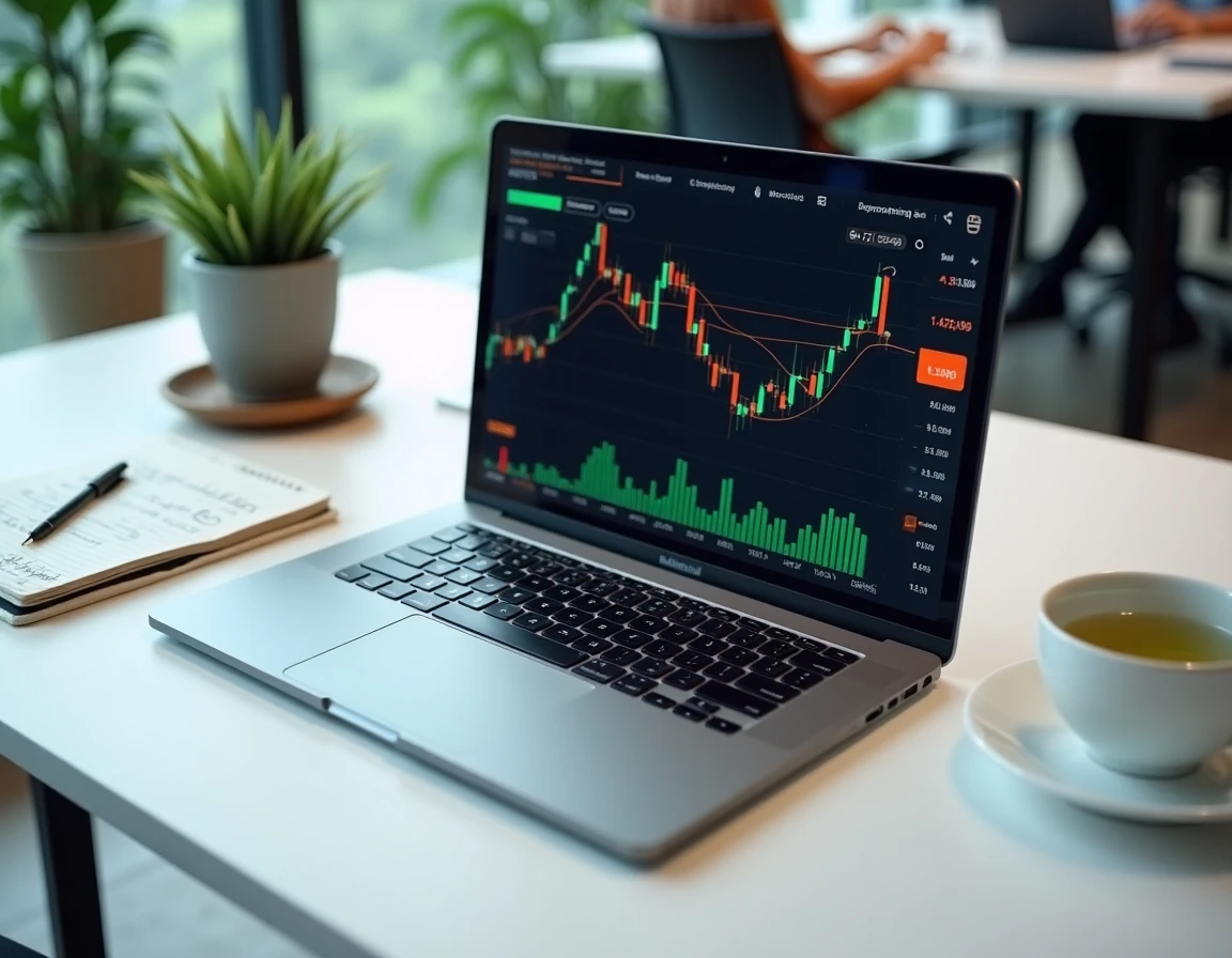 Station de trading avec graphiques de gaps boursiers asiatiques et annotations manuscrites sur un bureau minimaliste