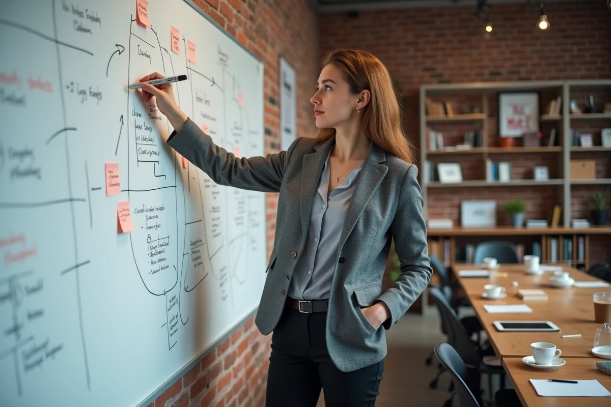 Professionnelle en stratégie d'affaires devant un tableau blanc avec des schémas de croissance dans un espace de travail collaboratif