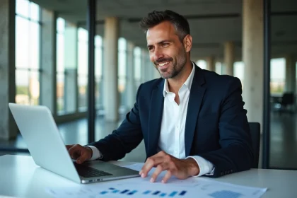 Entrepreneur analysant une stratégie financière réussie dans un bureau moderne avec vue sur la ville