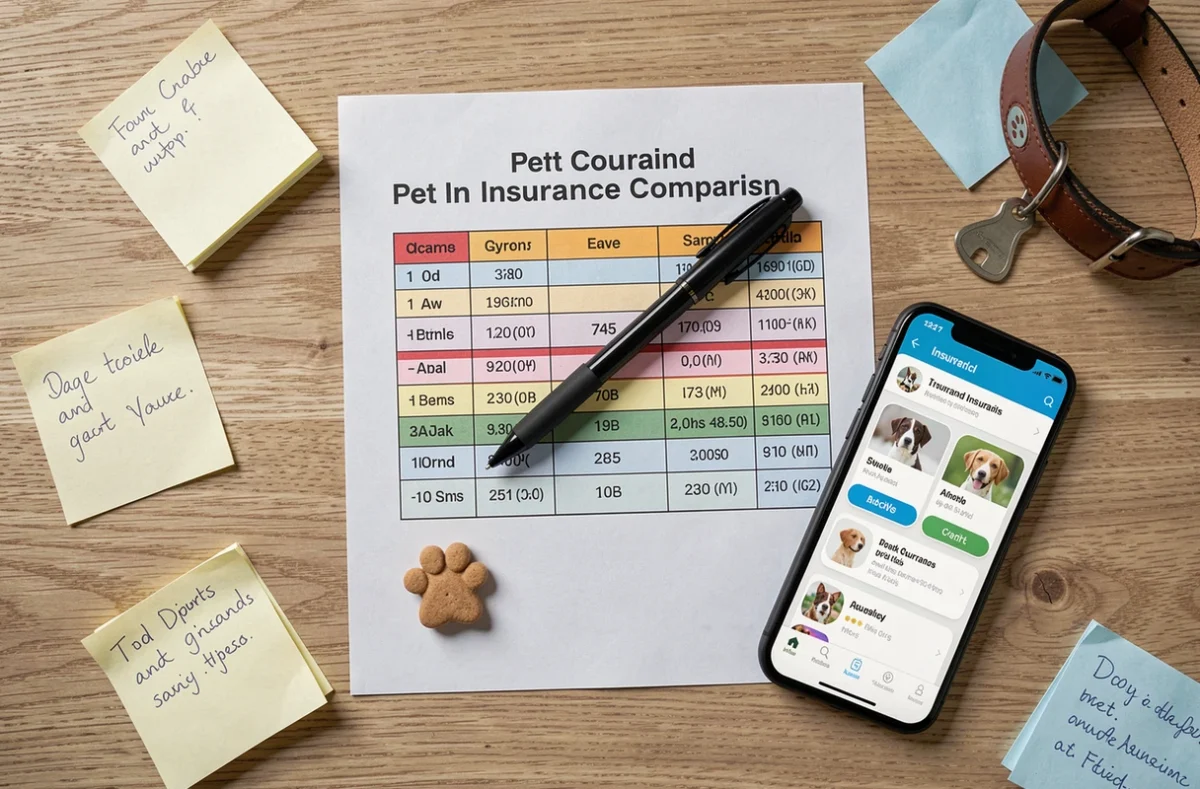 Tableau comparatif d'assurances chien imprimé sur un bureau avec un smartphone et des notes manuscrites