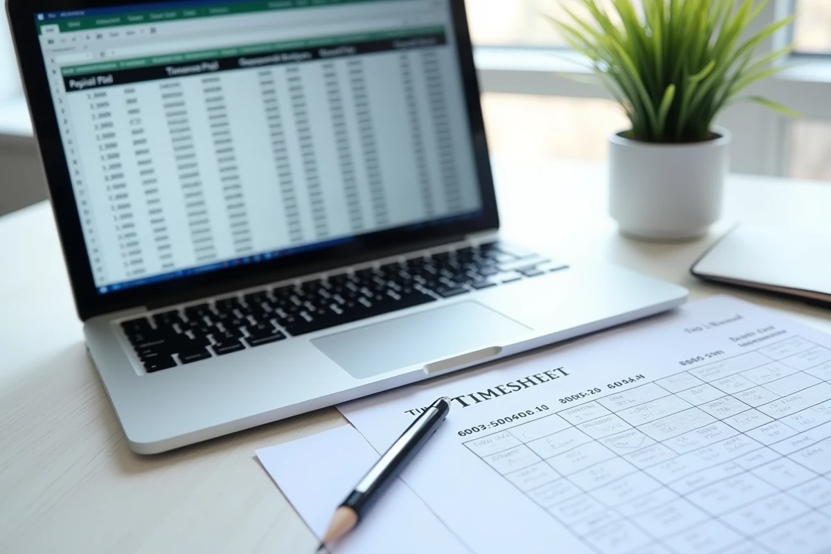 Vue aérienne d'un ordinateur portable affichant un tableau Excel de calcul d'heures en centièmes avec une feuille de temps imprimée