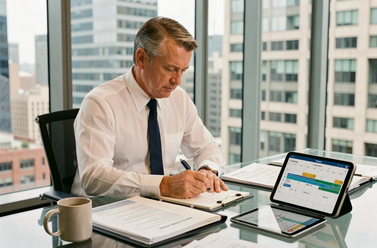 Comptable masculin consultant les documents de flotte automobile pour le tableau TVS annuel 2026