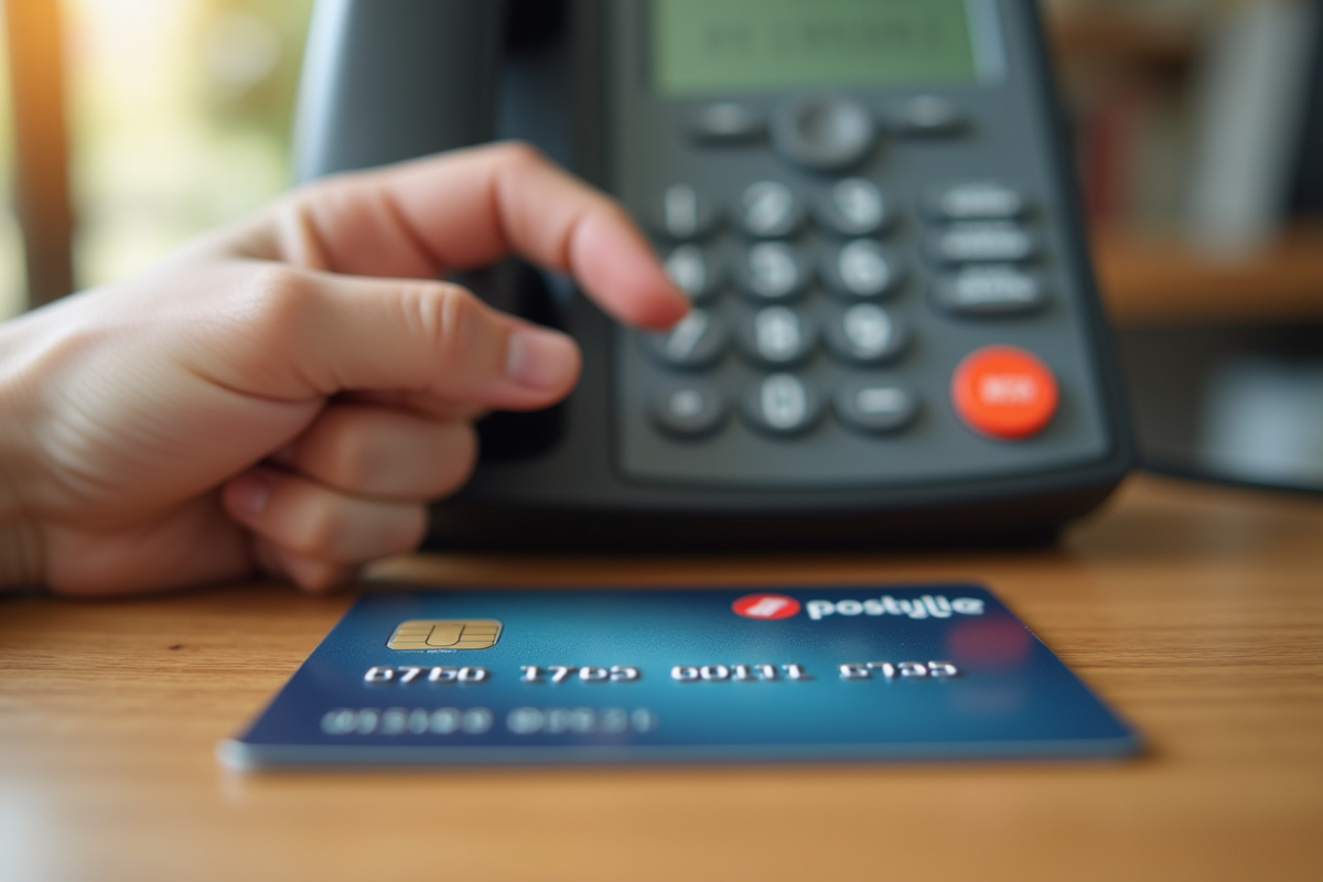 Main composant un numéro sur un téléphone avec carte banque postale