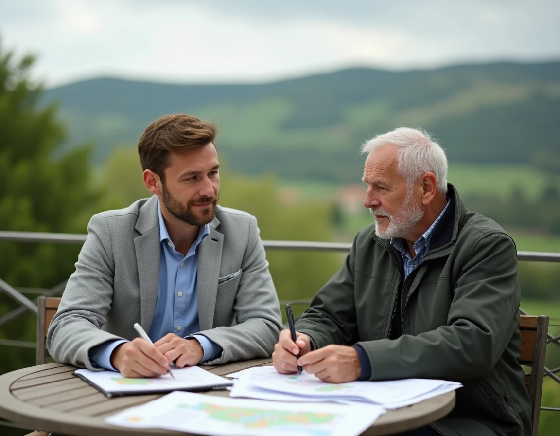 Conseiller TerrAgree en patrimoine rural discutant de documents fonciers avec un agriculteur en Auvergne