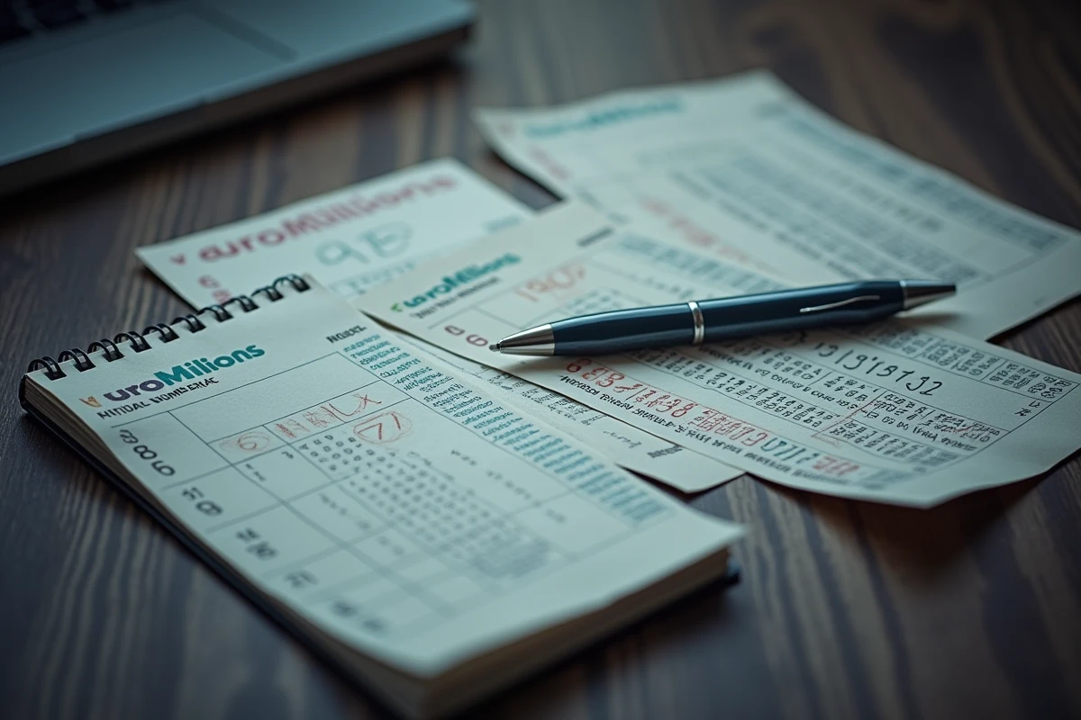 Gros plan sur des tickets EuroMillions et un carnet de statistiques posés sur une table en bois, avec numéros fréquents notés à la main