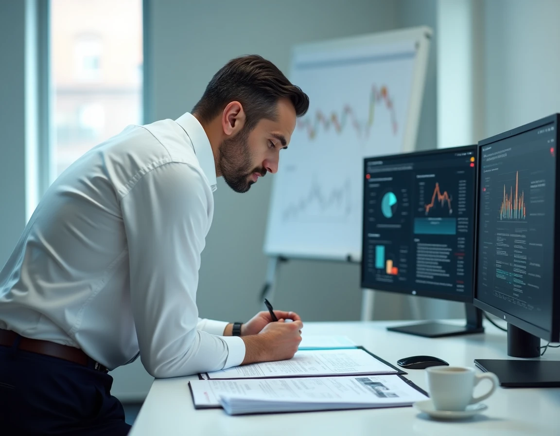 Conseiller TKR Patrimoine analysant des stratégies d'investissement et de fiscalité sur des écrans dans son bureau