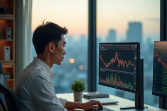 Trader asiatique analysant les gaps boursiers à l'ouverture des marchés asiatiques sur plusieurs écrans de trading