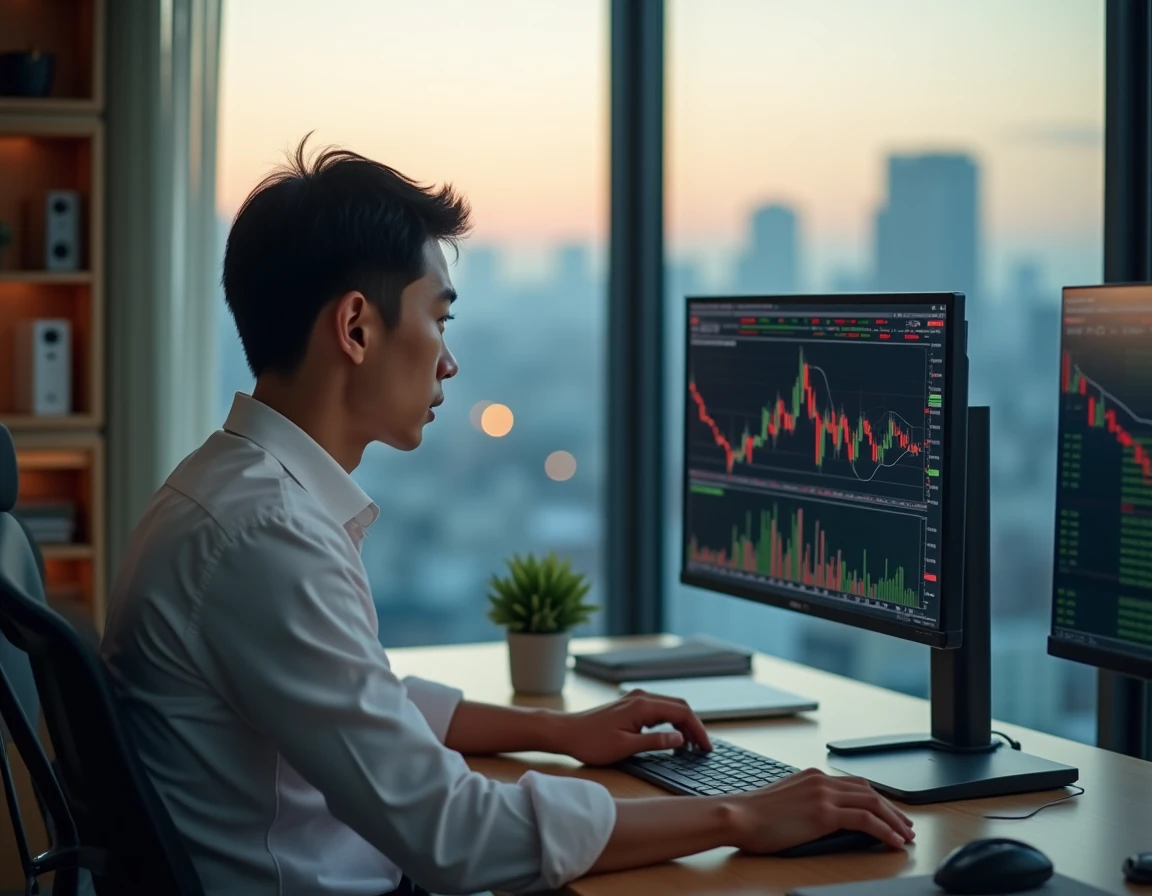Trader asiatique analysant les gaps boursiers à l'ouverture des marchés asiatiques sur plusieurs écrans de trading