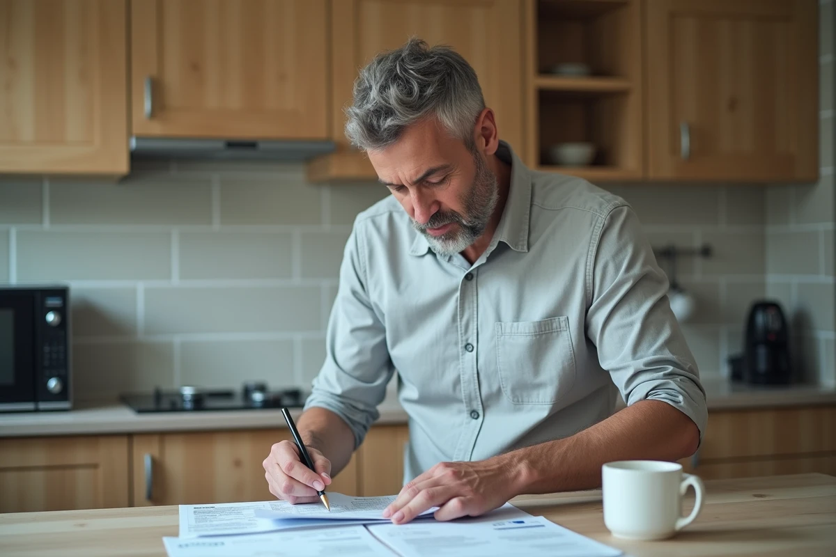 Homme triant des documents officiels dans sa cuisine pour constituer un dossier complet avant une démarche administrative