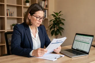Femme professionnelle vérifiant une check-list financière sur des documents imprimés dans un bureau à domicile moderne