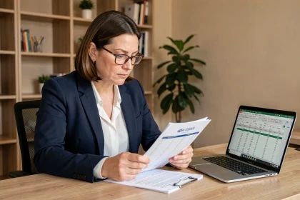 Femme professionnelle vérifiant une check-list financière sur des documents imprimés dans un bureau à domicile moderne